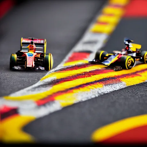 Prompt: photograph, formula 1, monaco, hot wheels, macro, bokeh