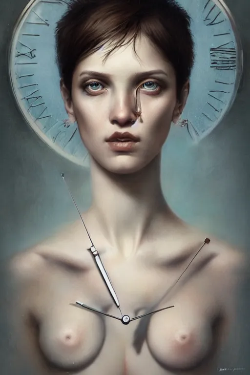 Prompt: a portrait of a single lonely clockpunk female, detailed, realistic eyes, symmetry body features proportions, award winning, by Tom Bagshaw