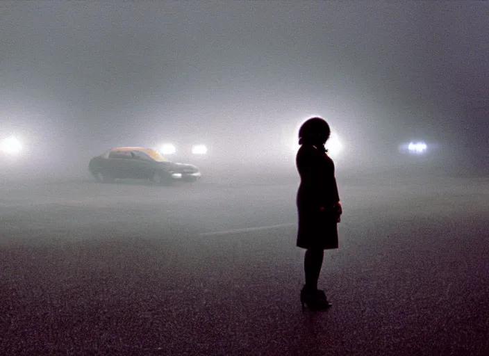 Image similar to cinematic screenshot high wide angle shot of octavia spencer standing in a foggy a desolate strange department store empty parking lot, one car, paranoia everywhere, screenshot from the tense psychological thriller film ( 2 0 0 1 ) directed by spike jonze, volumetric hazy lighting, anamorphic lens, moody cinematography, 3 5 mm kodak color stock