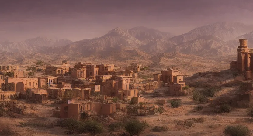 Prompt: epic view of a Kasbah town on a flat topped wide mesa, in the Nevada desert, overcast dusk, matte painting in the style of craig mullins and james gurney, trending on artstation, digital art, photoshop