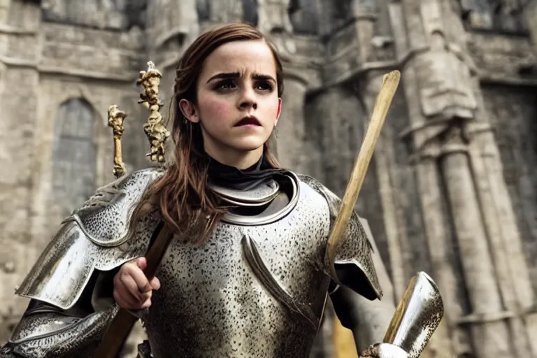 Image similar to promotional image of Emma Watson as Joan of Arc in the new movie directed by Ridley Scott, full suit of gilded plate armor, castle in the background, detailed face, movie still, promotional image, imax 70 mm footage