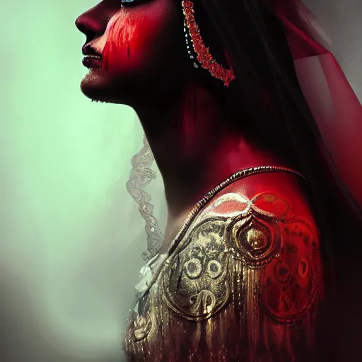 Image similar to beautiful Hindu lady of the dark with veil, in darkness, cover with blood, horror terrifying, soft light, surreal realistic, photorealistic, hyper details, full HD, 8k!