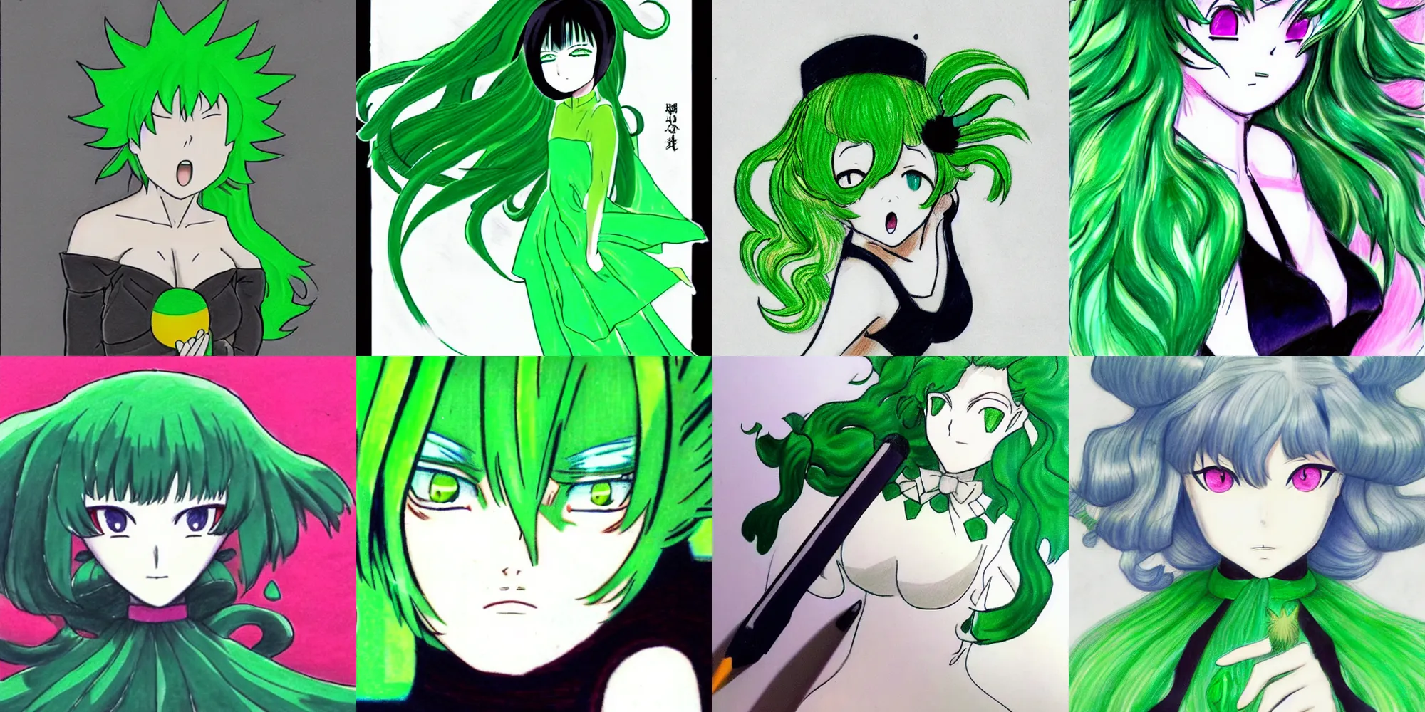 Prompt: a drawing of tatsumaki with green hair, an anime drawing by rumiko takahashi, trending on pixiv, superflat, anime, wiccan, full body