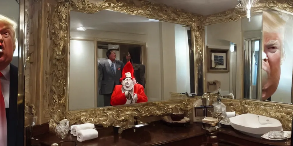 Image similar to ultra wide angle photo of donald trump wearing a looking at himself in a bathroom mirror and seeing his reflection dressed as an oompa loompa