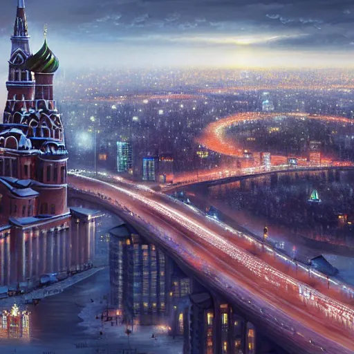 Prompt: a beautiful highly detailed matte painting of a night at Moscow city, by Jose Daniel Cabrera Pena and Leonid Kozienko concept art by Tooth Wuan