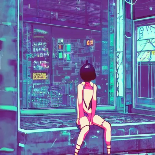 Prompt: cyberpunk girl sitting inside an empty store being looked at through the window in the style of satoshi kon, soft anime illustration, dark neon colors, soft ambience, beautiful composition, backlit, lots of details