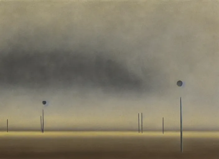 Prompt: flatland of chimney vents emitting billowing smoke, surrealist painting by Kay Sage, Yves Tanguy, cold tone