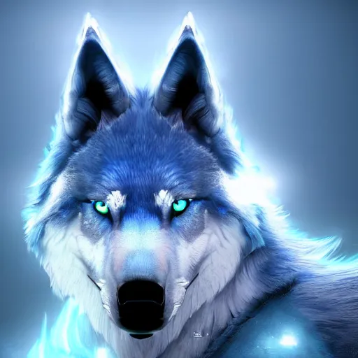 Image similar to a giant blue wolf with a white main and two unicorn horns, a white star shape on his forehead, yellow eyes, beautiful, ultra realistic, great wolf, unreal engine 5, dynamic lighting, highly detailed, lightning around