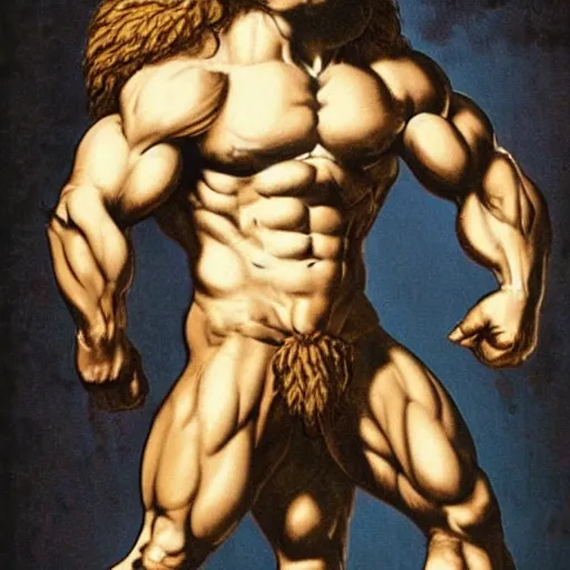 Image similar to a muscular man who has a lion's head in place of a humanoid head,