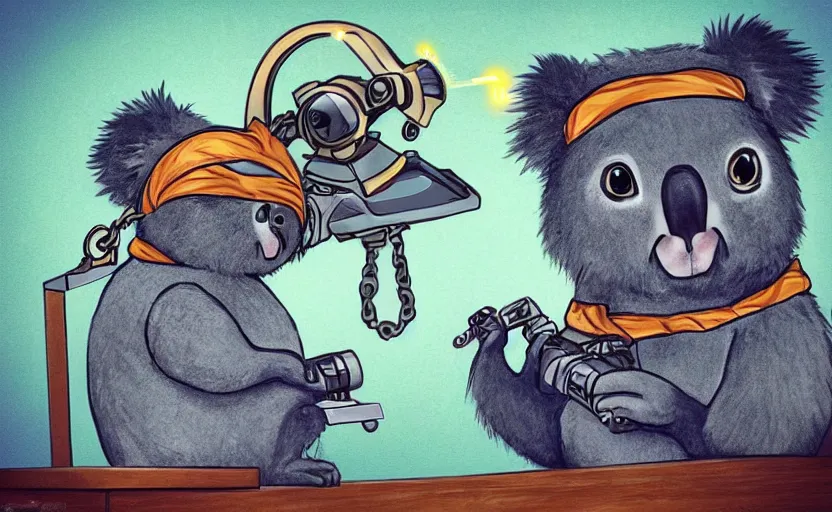 Image similar to “ cute koala with very big eyes, wearing a bandana and chain, holding a laser gun, standing on a desk, digital art, award winning ”