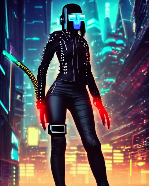 Prompt: concept art of a cyber punk girl wearing a black leather jacket with neon spikes, wearing a futuristic biker helmet, holding a futurstic cyberpunk weapon, standing in a busy cyberpunk city center | | epic - fine - trending on artstation, brush strokes