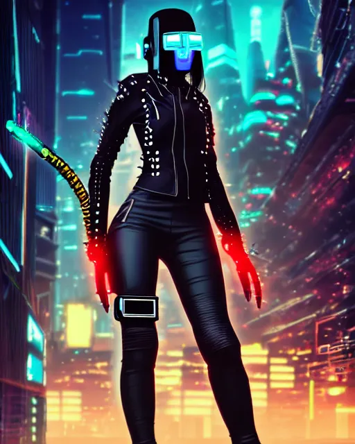 Image similar to concept art of a cyber punk girl wearing a black leather jacket with neon spikes, wearing a futuristic biker helmet, holding a futurstic cyberpunk weapon, standing in a busy cyberpunk city center | | epic - fine - trending on artstation, brush strokes