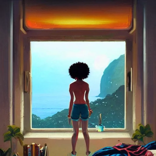 Image similar to lo-fi colorful masterpiece by Greg Rutkowski, WLOP, Dan Mumford, Christophe Vacher, painting, black girl, curly hair, with headphones, studyng in bedroom, window with rio de janeiro view, lo-fi illustration style, by WLOP, by loish, by apofis, alive colors