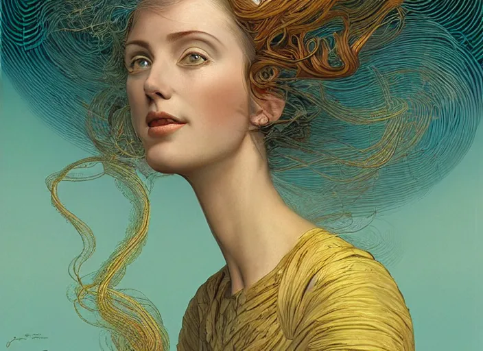 Image similar to portrait of a woman with swirling hair, illustration by James C. Christensen, retrofuturism, reimagined by industrial light and magic