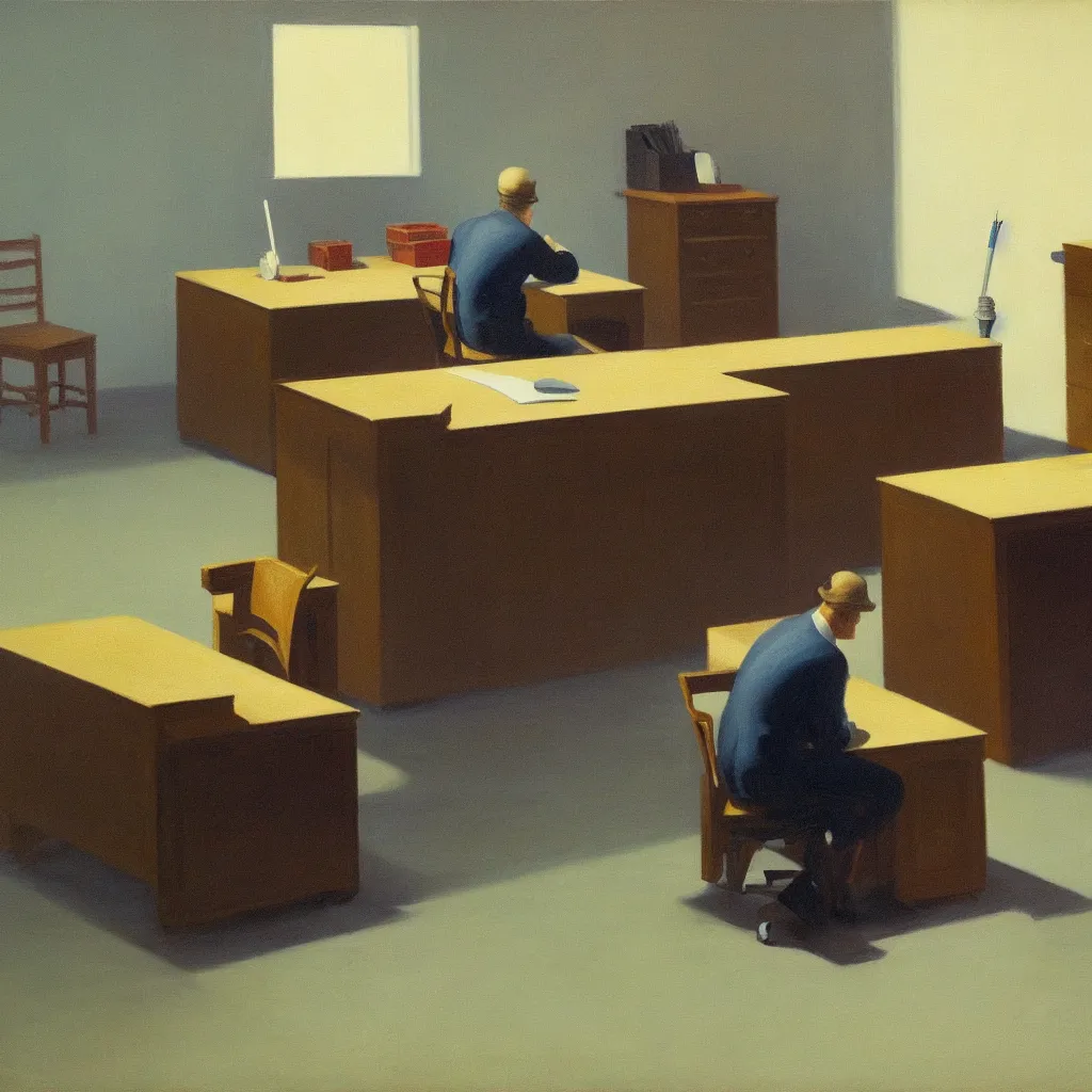 Prompt: painting of a lone man, sitting at his desk in an empty, huge office, in the style of edward hopper