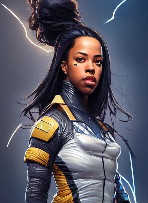 Prompt: portrait of apex legends aaliyah haughton, x - men, elegant, electricity archs, lightning strikes, electromagnetic field, highly detailed, digital painting, artstation, glamor pose, concept art, smooth, sharp focus, illustration, art by artgerm and greg rutkowski, artey freytag