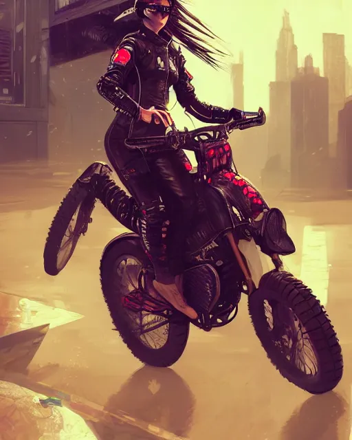 Image similar to cool girl wearing cyberpunk intricate streetwear riding dirt bike, beautiful, detailed portrait, cell shaded, 4 k, concept art, by wlop, ilya kuvshinov, artgerm, krenz cushart, greg rutkowski, pixiv. cinematic dramatic atmosphere, sharp focus, volumetric lighting, cinematic lighting, studio quality