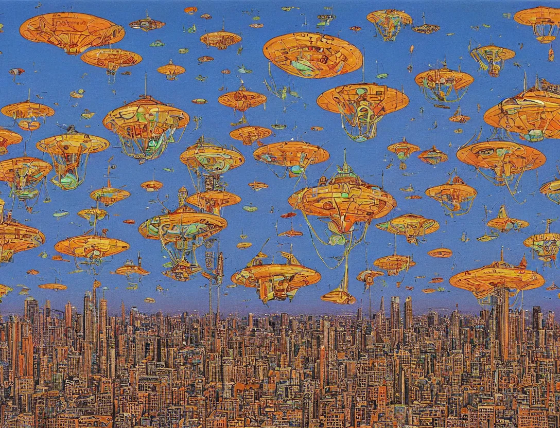 Image similar to ufos flying mysterious banners over the city, by mati klarwein and moebius