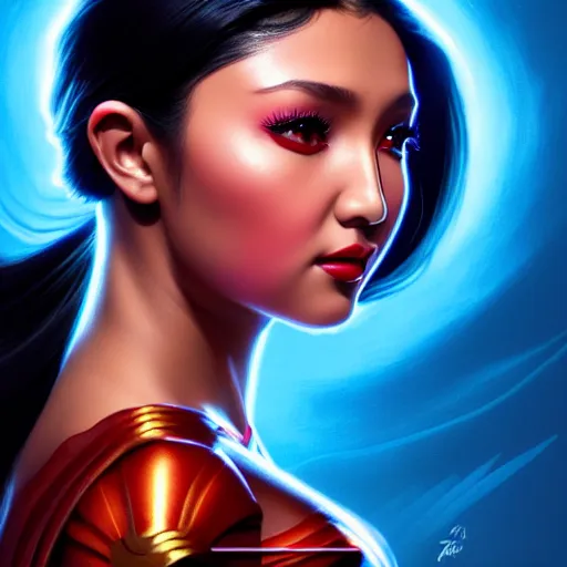 Image similar to nadine lustre as darna, volumetric lights, red and cyan theme, art nouveau botanicals, intricate, highly detailed, digital painting, artstation, concept art, smooth, sharp focus, cinematic, illustration, beautiful face, art by artgerm and greg rutkowski and alphonse mucha