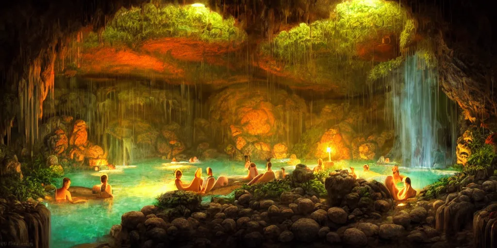 Image similar to detailed interior of cozy hotsprings hidden inside a cave, small waterfalls, lush vegetation, flowers, towels, plates of fruit, candlelight, digital painting, concept art, light shafts, stunning atmosphere, by gerald brom, cinematic lighting