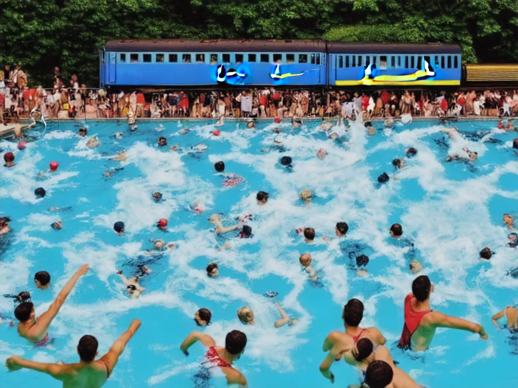 Image similar to a perfect photograph of a train crashing through a crowded swimming pool. sponsored by nike