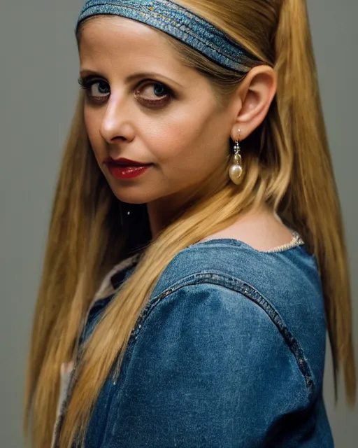 Prompt: A studio photo of Sarah Michelle Gellar as the girl with a pearl earring, bokeh, 90mm, f/1.4