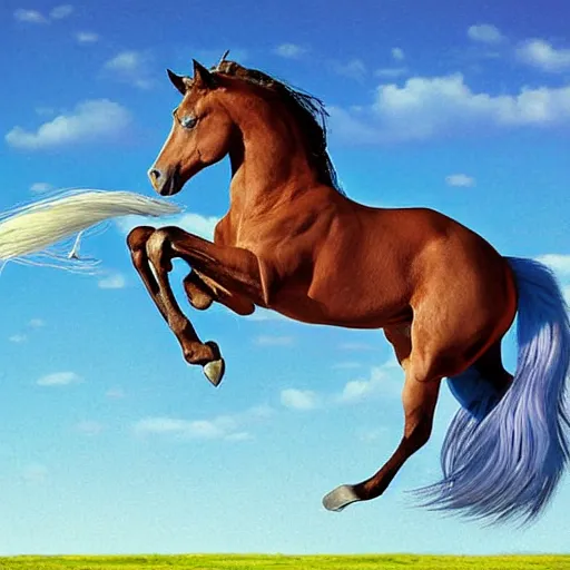 Prompt: A beautiful assemblage of a horse. The horse is shown running through a field with a flowing mane and tail. The background is a peaceful blue sky. avant-garde by Matti Suuronen, by Clyde Caldwell threatening