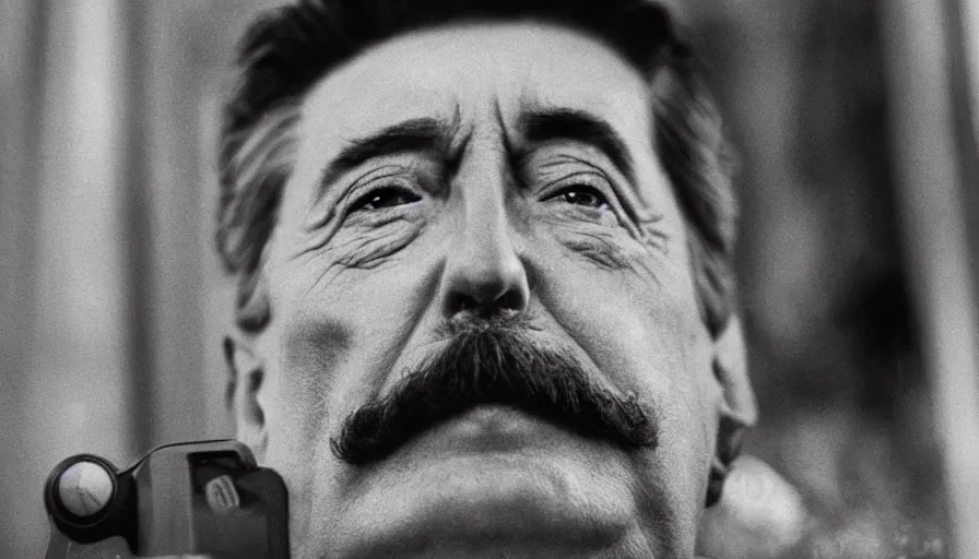 Image similar to hyper-realistic and anamorphic 2010s movie still close-up portrait of Josef Stalin, by Paolo Sorrentino, Leica SL2 50mm, beautiful color, high quality, high textured, detailed face