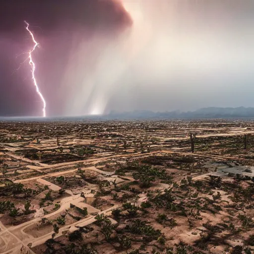 Prompt: a tornado in the desert, ruins of old city in the distance, rain is falling, puddles of water on the ground, broken poles and electrical wires is hanging, lightening strikes masterpiece 4k, intricate details, realistic, panoramic view, Hyperdetailed, 8k resolution, photorealistic