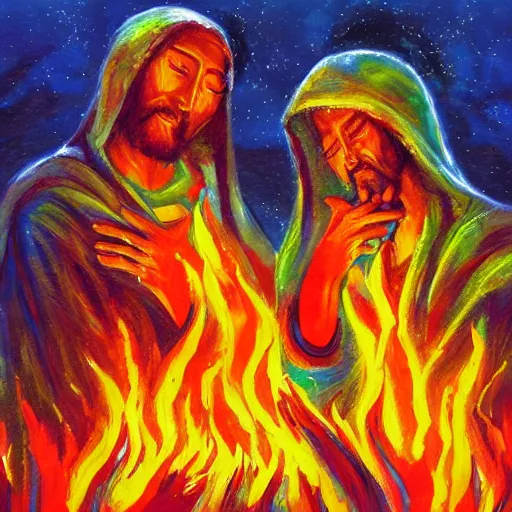 Image similar to artists rendition of a holy bond made in fire before the temple of god, oil paint, bright colors, sharp focus, thick paint, thick brush