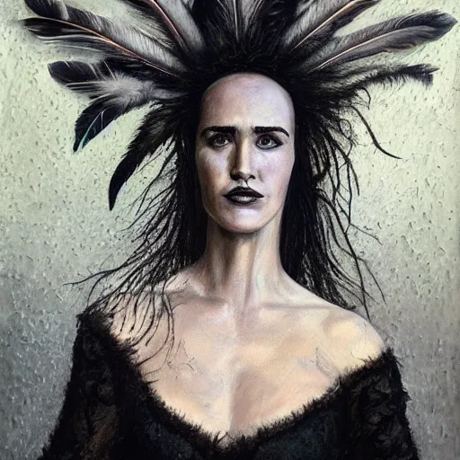 Prompt: detailed realistic oil painting youthful young jennifer connelly with black feathers instead of hair, dark fae, black lips, gray mottled skin, feathers growing out of skin, feathers growing from arms, black hands with long black claws, pale and sickly, profile view, full body, gothic, - - ar 9 : 1 6