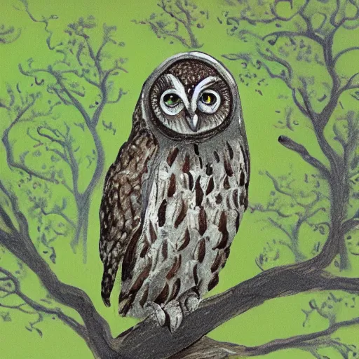 Image similar to owl with transverse flute sitting on a tree, concept art