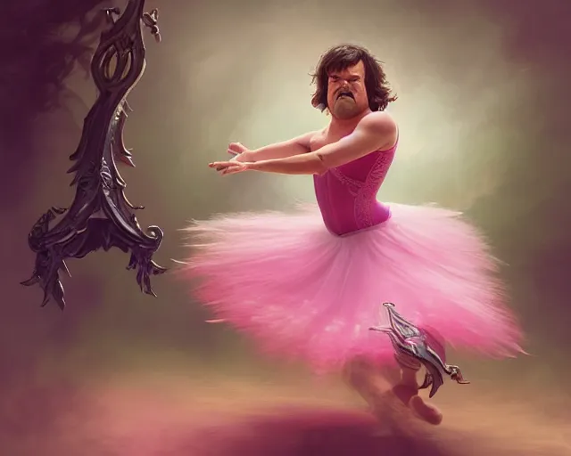 Image similar to photography of jack black dancing in a pink ballerina outfit, full body shot, deep focus, d & d and mtg, fantasy, intricate, elegant, highly detailed, digital painting, artstation, concept art, matte, sharp focus, illustration, hearthstone, art by artgerm and greg rutkowski and alphonse mucha