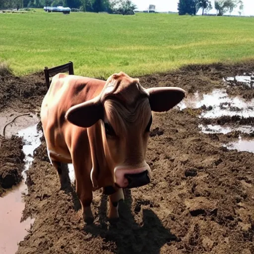 Image similar to person in a cow costume, stuck in mud, craigslist photo