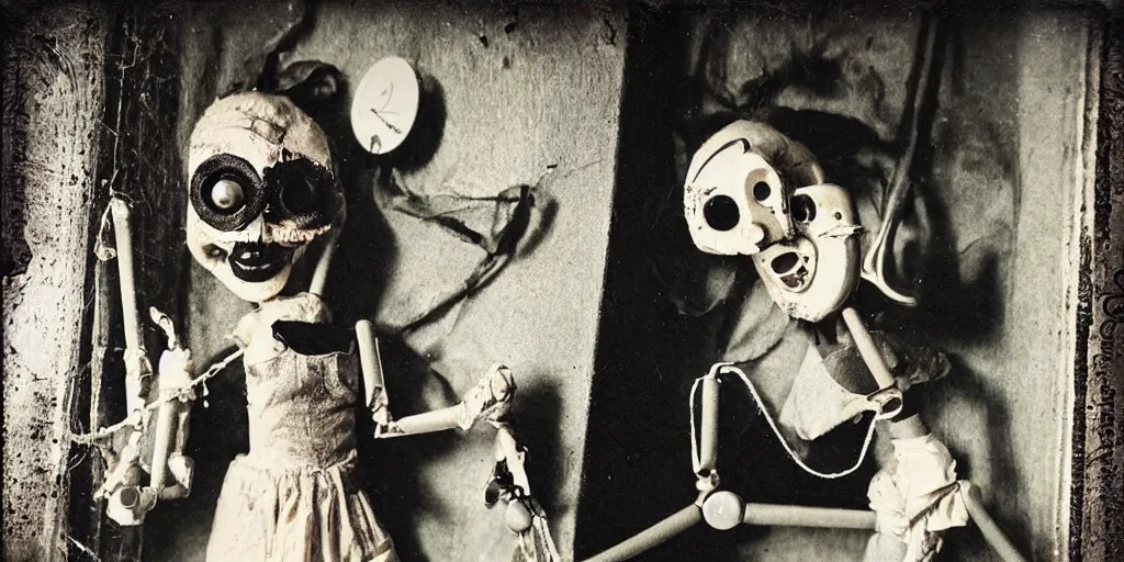 Prompt: 1 9 5 0 s, female alive, eerie, creepy masked marionette puppet, horrific, one disassembled, unnerving, clockwork horror, pediophobia, lost photograph, dark, forgotten, final photo found before disaster, polaroid, vintage, buttons