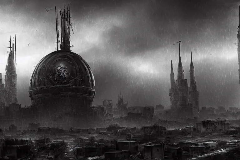 Prompt: Digital art, trending on Artstation, imperial russian warhammer 40k citadel black domes and tall radio spires, Dark and rainy mega city with towering walls built to block the migrants of the coming climate change migrant crisis showing piles of hundred bodies outside to maintain a quality of life for those who can survive the severe and deadly weather patterns observing small children targeted by advanced military style drones, dystopian, pbr render, concept art illustration, tilt shift background, wide depth of field, 8k, 35mm film grain