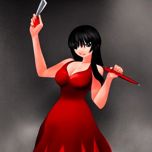 Image similar to a girl with black hair wearing a red dress, she is holding a knife, anime art, smooth, scary atmosphere, hd