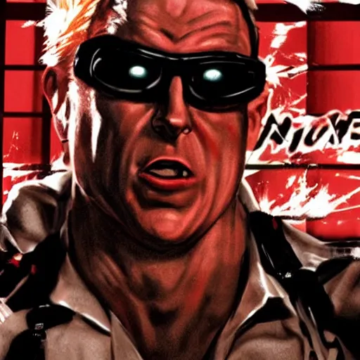 Prompt: duke nukem as the american psycho, staring intensely, duke nukem art style, explosive background, cinematic still