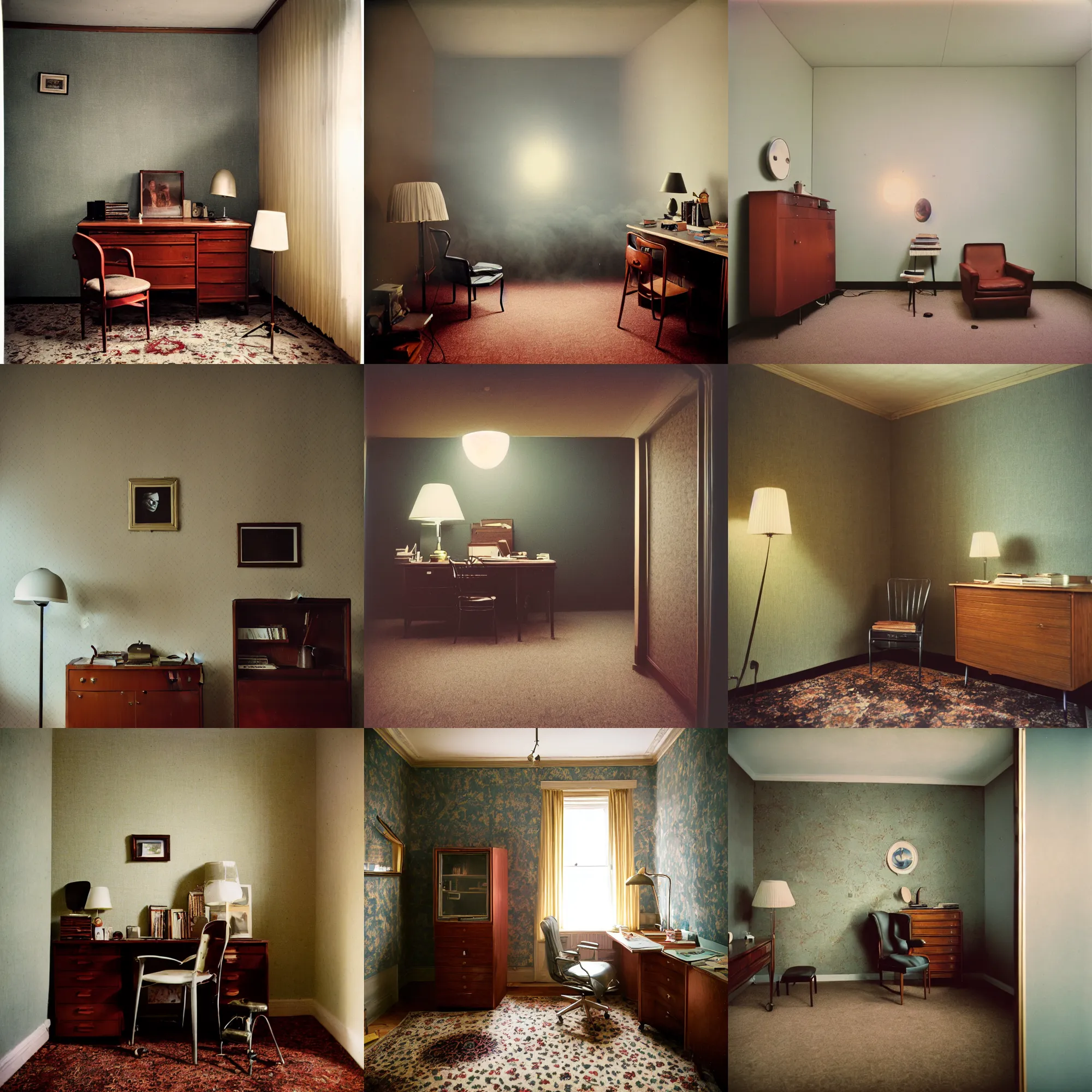 Image similar to kodak portra 4 0 0, wetplate, 8 mm extreme fisheye, award - winning portrait by britt marling of a 1 9 6 0 s private office room, picture frames, shining lamps, dust, smoke 1 9 6 0 s elegant metal furniture, wallpaper, carpet, books, muted colours, fog