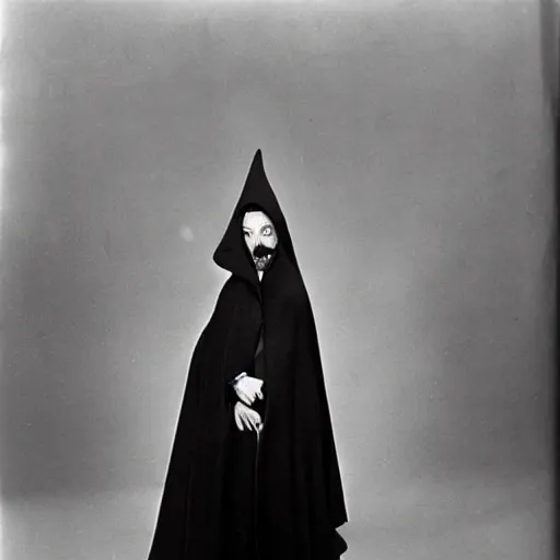 Prompt: salvador dali wearing a dark hooded cloak