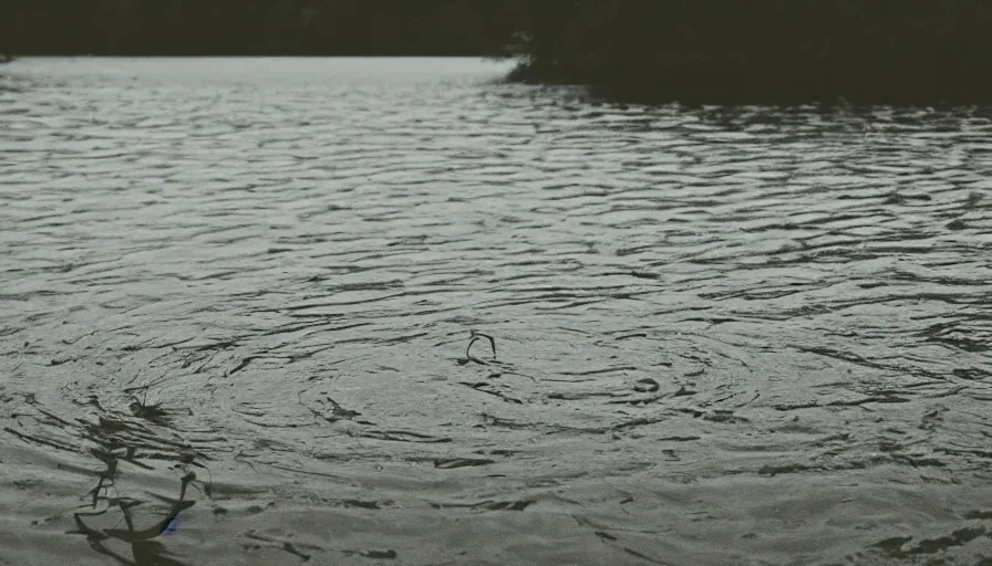 Prompt: rope floating to surface of water in the middle of the lake, overcast lake, 2 4 mm leica anamorphic lens, moody scene, stunning composition, hyper detailed