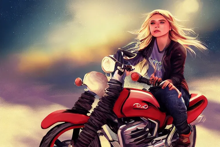 Image similar to chloe grace moretz is riding a motorbike, digital painting, artstation, the space background, concept art, illustration,