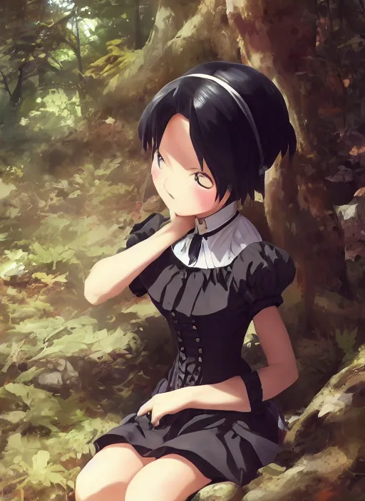 Prompt: a close up of a victorian maid with black bob hairstyle sitting in a forest. cute anime eyes. by makoto shinkai, stanley artgerm lau, wlop, rossdraws, james jean, andrei riabovitchev, marc simonetti, krenz cushart, sakimichan, trending on artstation, digital art.