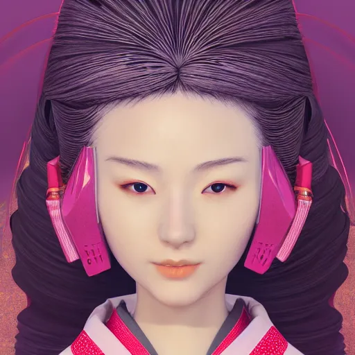 Prompt: centered portrait of a slight happy cybernetic 3D natural beautiful Japanese girl in kimono, hyperdetailed, digital painting, trending on Artstation, cel-shading style, CG society, hyperdetailed, digital painting, hypermaximalist, golden ratio, volumetric, octane render, weta digital, micro details, 3d sculpture