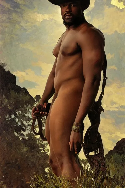 Prompt: a beautiful dramatic epic painting of a thicc handsome black man | he is shirtless and wearing a cowboy hat and covered in leather straps | prairie setting | homoerotic, highly detailed, dramatic lighting | by Mark Maggiori, by William Herbert Dunton, by Charles Marion Russell, by Alphonse Mucha | trending on artstation