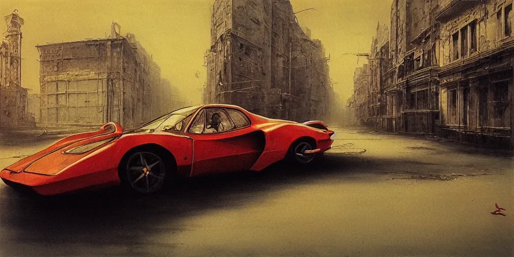 Image similar to ferrari in full speed in a empty street, mad max, kieth thomsen, zdzislaw beksinski