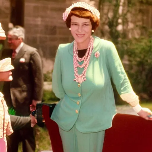 Image similar to a queen with tan skin, short, rippling dark cinnamon hair, and emerald eyes is shown meeting with the prime minister in a long, medium wide shot, german and eastern european mix kodachrome slide. in a vintage historical fantasy photograph from 1 9 3 2, she is shown donning a pink outfit and green jewels.