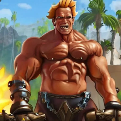 Image similar to a screenshot of arnold schwarzenegger as junkrat in overwatch