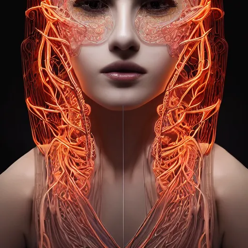 Prompt: very beautiful woman, full face frontal centered, portrait, detailed intricate symmetrical ornate neon cables connected to head, clear lips, luxurious hair, sophisticated abundent wiring and implants, translucent, porcelain, fractal, sci - fi, dramatic lighting, photography, highly detailed, trending on artstation, deviantart, 8 k, by chie yoshii