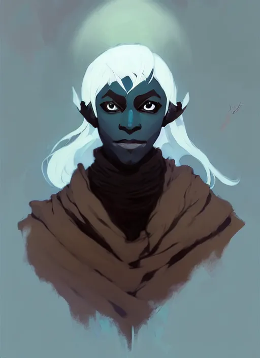 Image similar to ( ( ( ( ( portrait of male drow from dungeons and dragons. ) ) ) ) ) by atey ghailan, by greg rutkowski, by greg tocchini, by james gilleard, by joe fenton, by kaethe butcher, dynamic lighting, gradient light blue, brown, blonde cream and white color scheme, grunge aesthetic